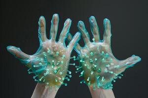 Scientist wearing transparent protective gloves with green solution and spikes in laboratory photo