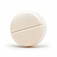Single white round pill resting on white background photo