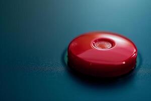 Shiny red button sitting on blue control panel photo