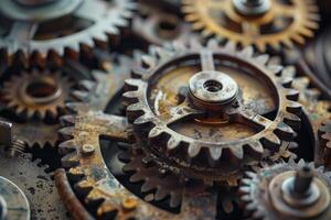 Close up view of interlocking gears representing teamwork and precision photo