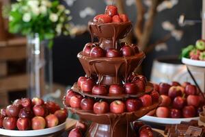 Chocolate fountain dripping on apples and strawberries on a party photo