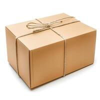 Cardboard box tied with string on white background representing shipping and delivery photo