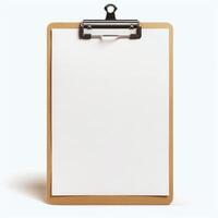 Clipboard holding blank white paper on white background photo