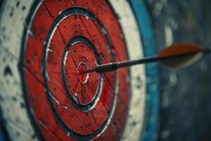 Arrow hitting the center of an archery target on a wooden background photo