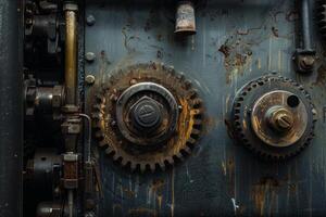 Old rusty gears and cogs showing signs of wear and tear photo