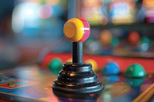 Close up of arcade joystick in entertainment venue photo