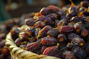 Wicker basket overflowing with fresh medjool dates at the market photo