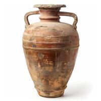 Old terracotta amphora with two handles standing on white background photo