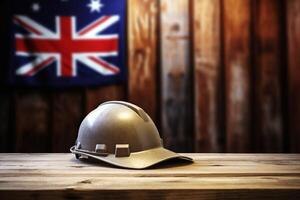 Australian flag hanging on wooden wall with safety helmet on table photo