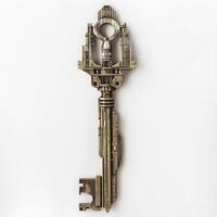 Intricate, ornate key resembling a futuristic skyscraper lying on white background photo