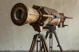 Large format camera standing on a tripod on white background photo
