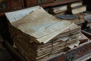 Stack of old papers with faded ink sitting in a dusty drawer photo