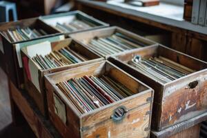 Old wooden crates with paper documents are standing on table photo