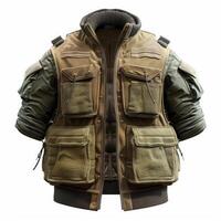 Tactical vest with multiple pockets layering over bomber jacket photo