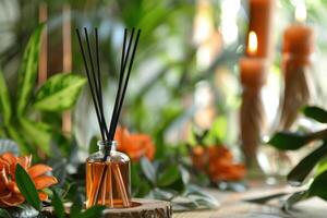 Reed diffuser spreading pleasant aroma in cozy home interior with burning candles photo