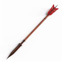 Wooden arrow pointing up with red feathers on white background photo