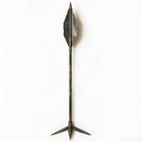 Medieval arrow standing on white background with metal tip and fletching photo