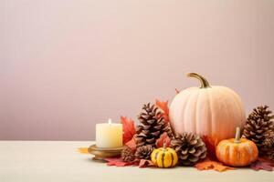 Pink pumpkin, candle and pine cones creating cozy autumn still life photo