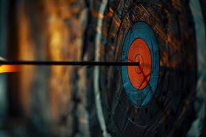 Burning arrow hitting the center of target on archery board photo