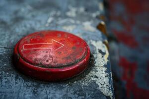 Old red weathered button showing a white arrow pointing right photo