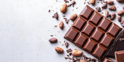 Modern branding mock up featuring unwrapped chocolate bar with cocoa beans and chunks photo
