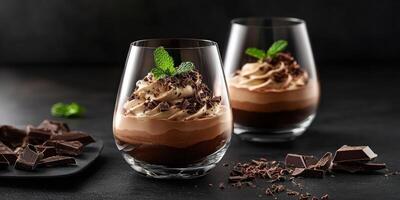 Elegant dessert presentation with chocolate mouse and mint garnish for culinary inspiration photo