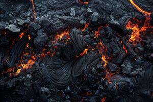 Solidified lava flow creating an abstract pattern with glowing cracks photo