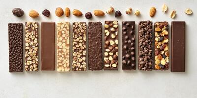Gourmet chocolate bar flat lay with nuts and dried fruits arrangement for culinary inspiration photo