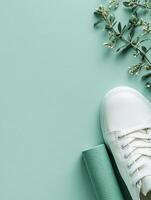 Minimalist sneaker design with greenery on pastel background for modern fashion concept photo