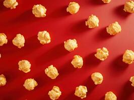 Close up of fluffy buttery popcorn on a vibrant red background photo