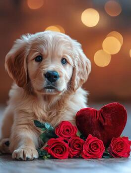 Golden retriever puppy with roses and heart in a whimsical setting for Valentines day card photo
