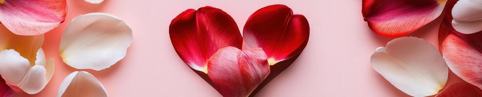 Overhead view of tulip petals in heart shape on soft pastel background photo