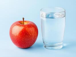 Fresh red apple and glass of water on minimalist background photo