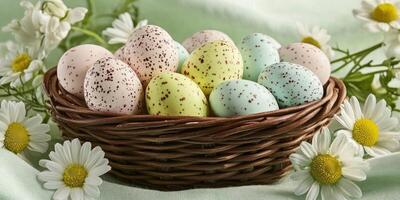 Whimsical Easter arrangement with pastel speckled eggs in wicker basket surrounded by daisies photo