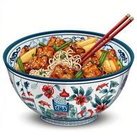 Delicious asian noodles with fried tofu and vegetables in traditional bowl with chopsticks photo