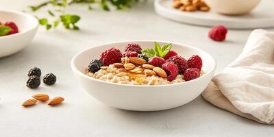 Healthy breakfast arrangement with oatmeal, berries, and almonds, ideal for nutrition and morning routine inspiration photo