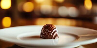 Exquisite close up of a glossy chocolate pralin on a plate photo