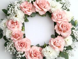Circular floral arrangement with pink roses and white flowers for event decoration photo