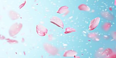 Graceful sakura petals dancing in motion against serene sky photo