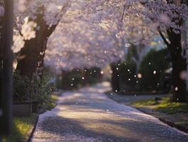 Serene spring scene with cherry blossoms in bloom along a tranquil pathway photo