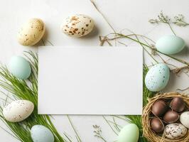 Charming Easter mockup with blank canvas and decorative eggs for festive designs photo