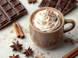 Whimsical chocolate themed flat lay with hot cocoa and spices for cozy winter moments photo
