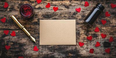 Romantic valentines card with envelope and hearts on rustic wood. Perfect for special occasion letters photo