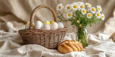 Rustic Easter picnic flat lay with basket of eggs, fresh bread, and daisies photo