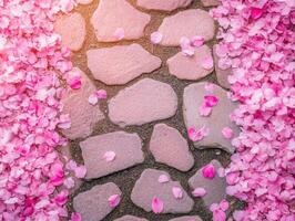Minimalist stone pathway with pink petal border for elegant outdoor design photo