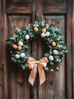 Elegant Easter wreath with fresh greenery and decorative eggs on rustic wooden door photo