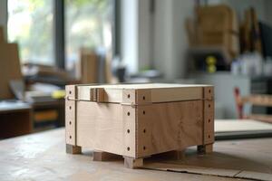 Wooden crate sitting on workbench in workshop setting photo