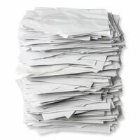 Stack of papers creating a tall messy pile on white background photo