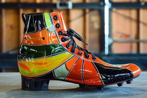 Colorful customized cleat standing on a table photo