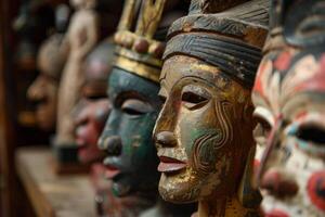 Several colorful traditional ethnic masks are lined up side by side photo